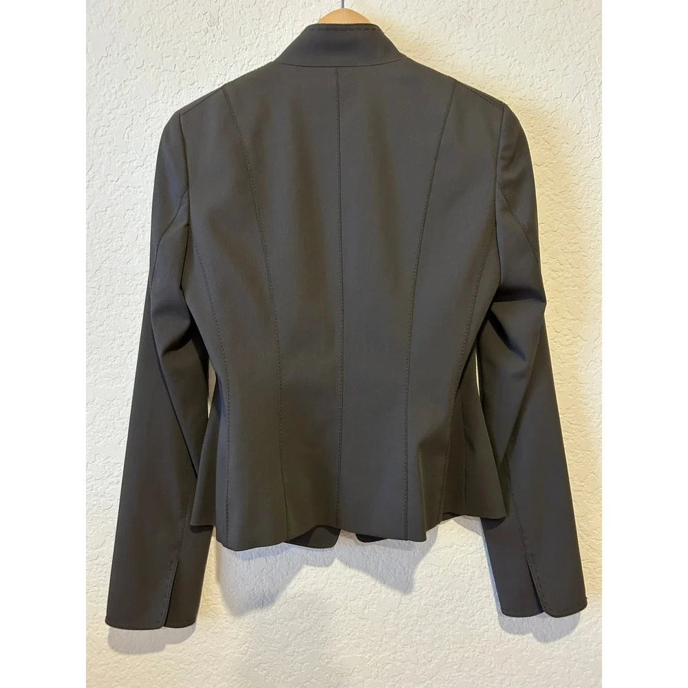 Elie Tahari Blazer Sz 4 Brown Wool Blend Mock Neck Utility Jacket Career Staple